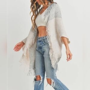 Dolman Fringe Trim Open Cardigan Cape Wrap Shawl Oversized Sweater Neutral Gray